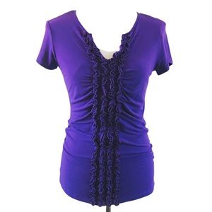 Calvin Klein Purple Short Sleeve Ruffled Front V-Neck Layering Tee Top Small